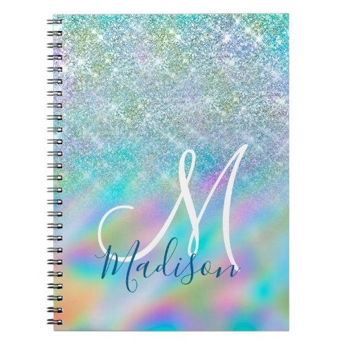 Chic iridescent ombre blue faux glitter monogram notebook