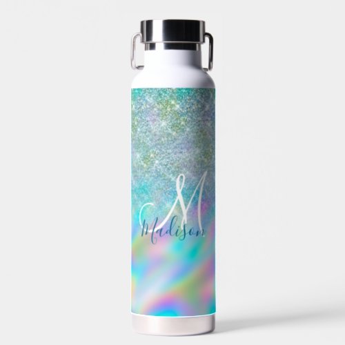 Chic iridescent ombre blue faux glitter monogram water bottle