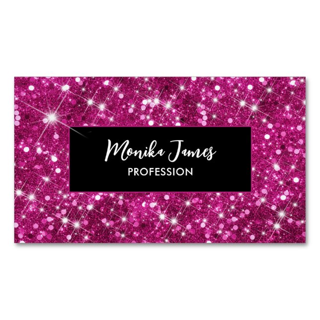Chic Iridescent Pink Faux Glitter Monogram Business Card Magnet (Front)