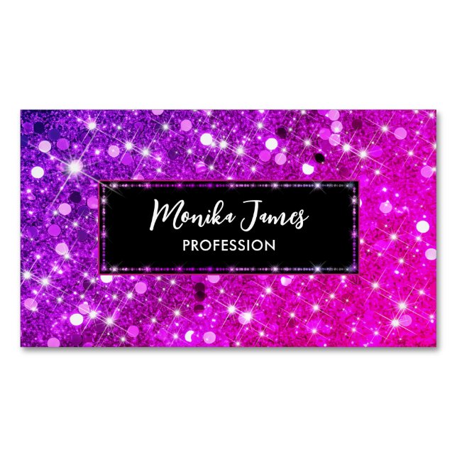 Chic Iridescent Pink Faux Glitter Monogram Business Card Magnet (Front)