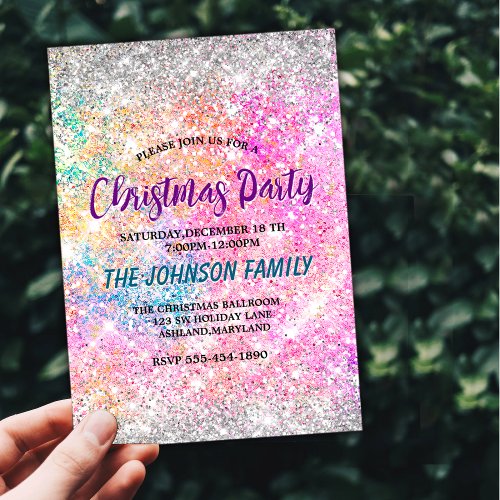 Chic iridescent pink silver faux glitter Christmas Invitation