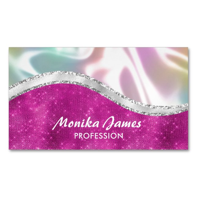 Chic Iridescent Pink Silver Faux Glitter Monogram Business Card Magnet (Front)