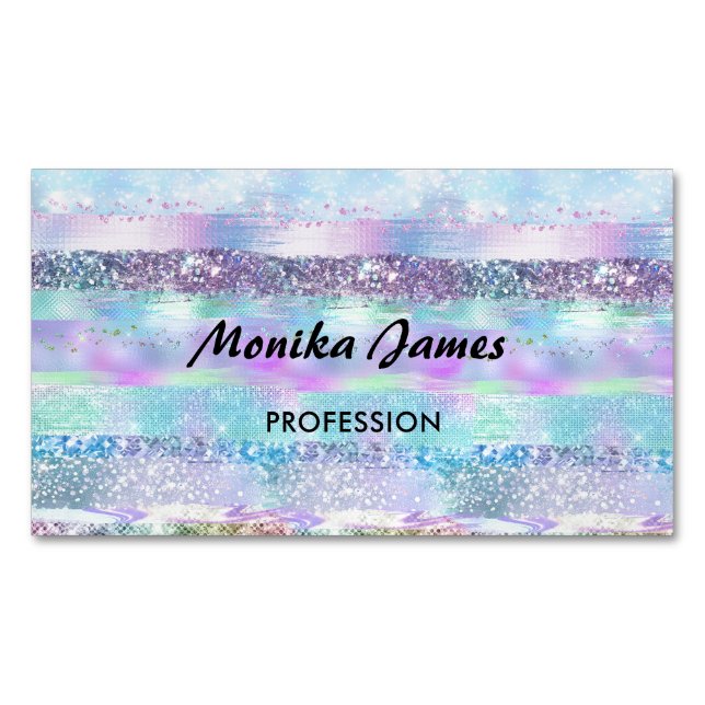 Chic Iridescent Pink Silver Faux Glitter Monogram Business Card Magnet (Front)