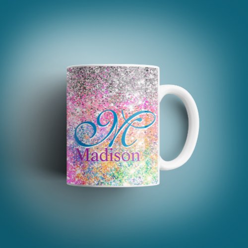 Chic iridescent pink silver faux glitter monogram coffee mug