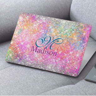Chic iridescent pink silver faux glitter monogram HP laptop skin