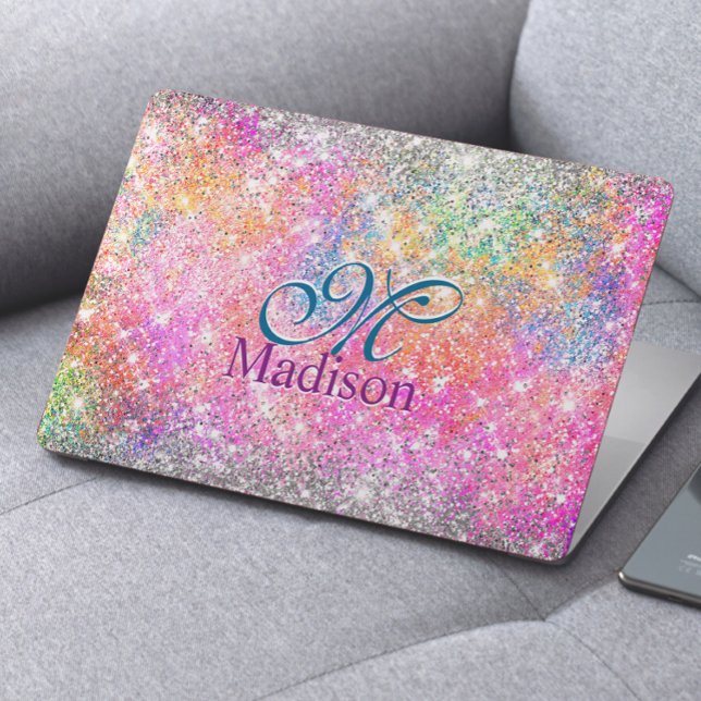 Chic iridescent pink silver faux glitter monogram HP laptop skin (Creator Uploaded)
