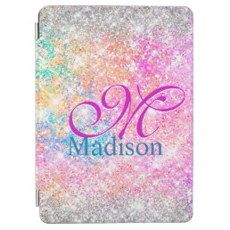 Chic iridescent pink silver faux glitter monogram iPad air cover