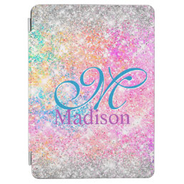 Chic iridescent pink silver faux glitter monogram iPad air cover