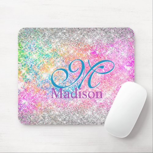 Chic iridescent pink silver faux glitter monogram mouse pad