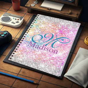 Chic iridescent pink silver faux glitter monogram notebook