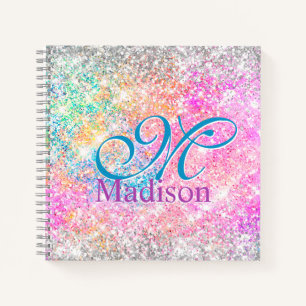 Chic iridescent pink silver faux glitter monogram notebook