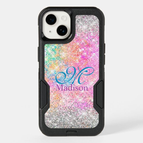 Chic iridescent pink silver faux glitter monogram OtterBox iPhone 14 case