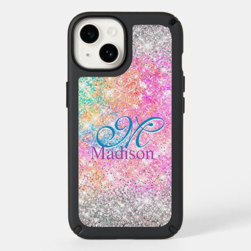 Chic iridescent pink silver faux glitter monogram speck iPhone 14 case