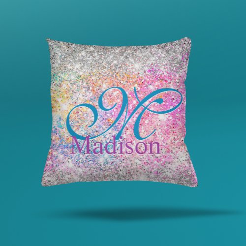 Chic iridescent pink silver faux glitter monogram throw pillow