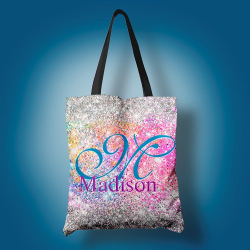 Chic iridescent pink silver faux glitter monogram tote bag