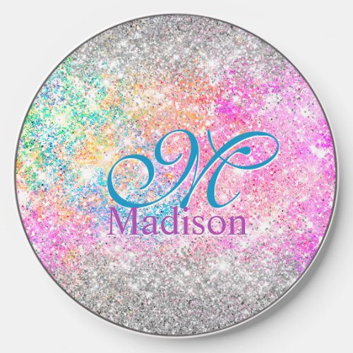 Chic iridescent pink silver faux glitter monogram wireless charger 