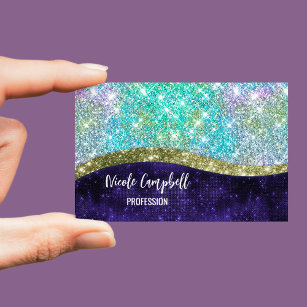 Chic iridescent purple blue faux glitter monogram business card magnet