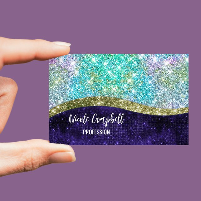 Chic iridescent purple blue faux glitter monogram business card magnet (Creator Uploaded)