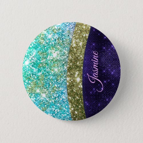 Chic iridescent purple blue faux glitter monogram button