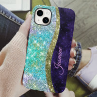Chic iridescent purple blue faux glitter monogram