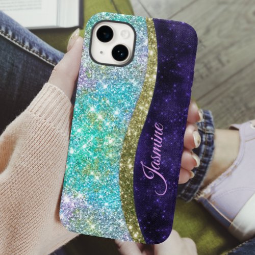 Chic iridescent purple blue faux glitter monogram Case_Mate iPhone 14 case