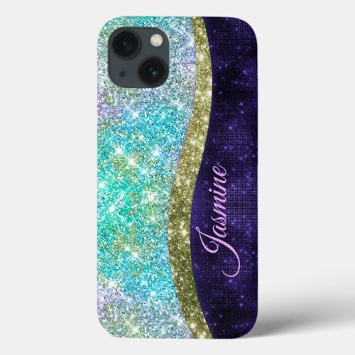 Chic iridescent purple blue faux glitter monogram iPhone 13 case