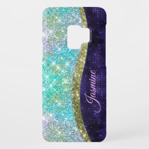 Chic iridescent purple blue faux glitter monogram Case-Mate samsung galaxy s9 case