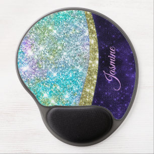 Chic iridescent purple blue faux glitter monogram gel mouse pad
