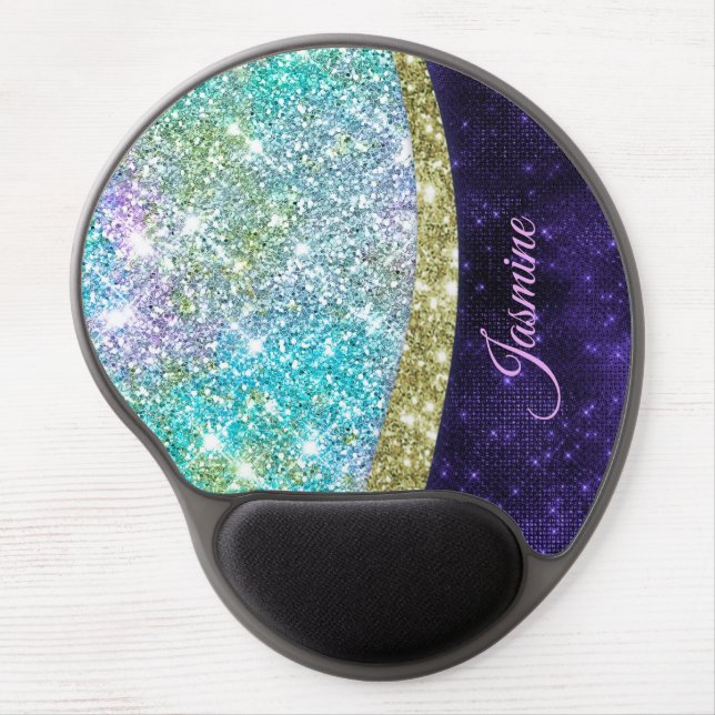 Chic iridescent purple blue faux glitter monogram gel mouse pad (Front)