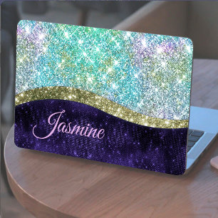 Chic iridescent purple blue faux glitter monogram HP laptop skin