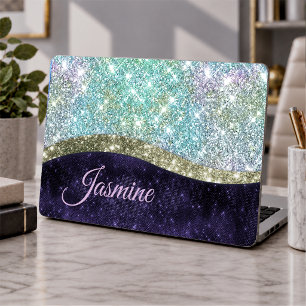 Chic iridescent purple blue faux glitter monogram HP laptop skin