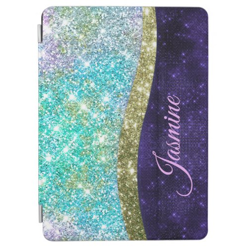 Chic iridescent purple blue faux glitter monogram iPad air cover
