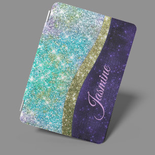 Chic iridescent purple blue faux glitter monogram iPad mini cover