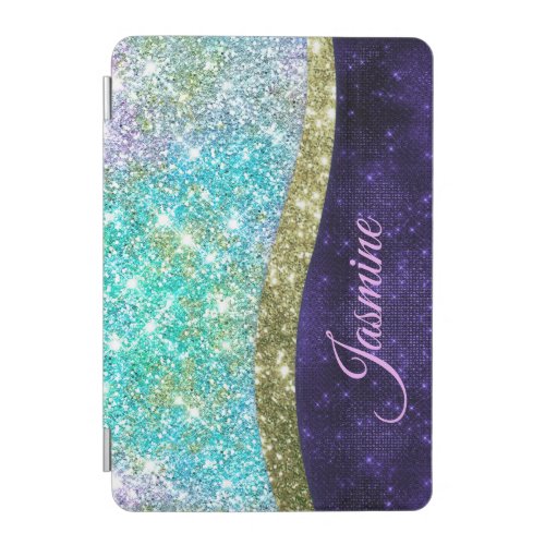 Chic iridescent purple blue faux glitter monogram  iPad mini cover