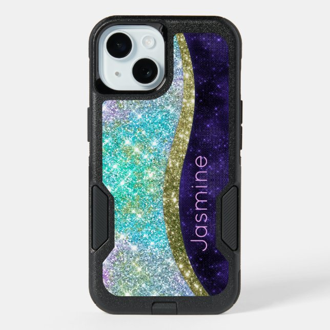Chic iridescent purple blue faux glitter monogram iPhone 15 case (Back)