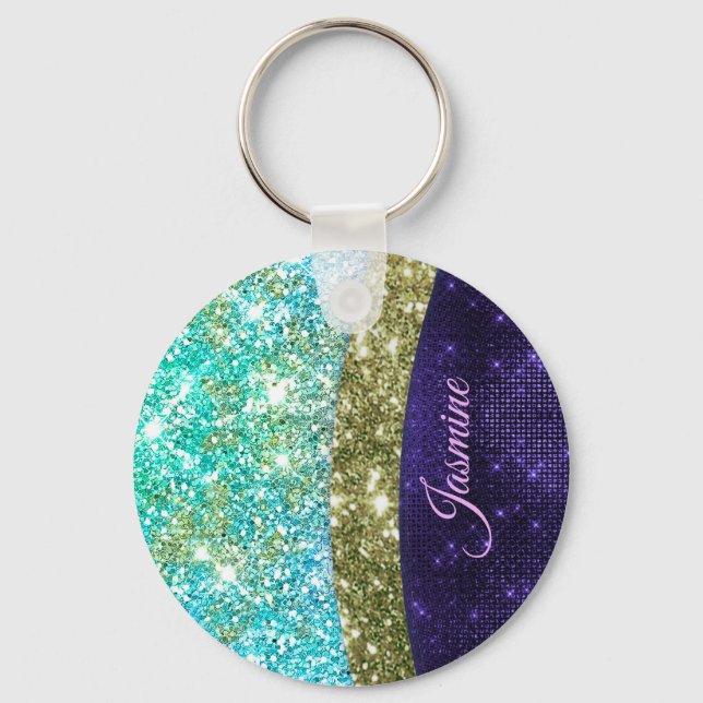 Chic iridescent purple blue faux glitter monogram keychain (Front)