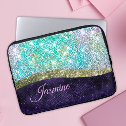 Chic iridescent purple blue faux glitter monogram laptop sleeve