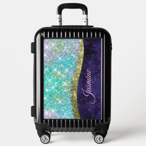 Chic iridescent purple blue faux glitter monogram luggage