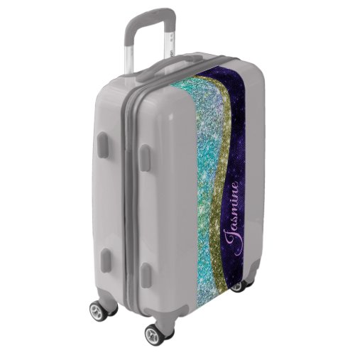 Chic iridescent purple blue faux glitter monogram luggage