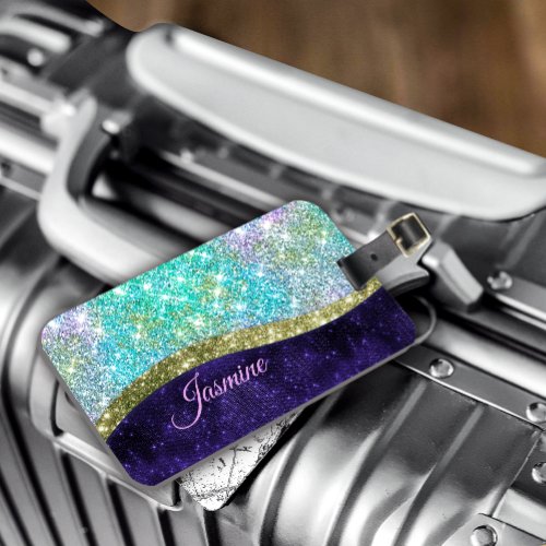 Chic iridescent purple blue faux glitter monogram luggage tag