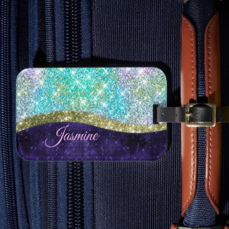 Chic iridescent purple blue faux glitter monogram