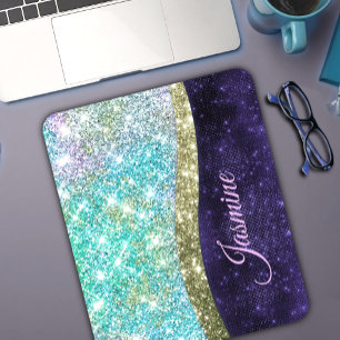 Chic iridescent purple blue faux glitter monogram mouse pad