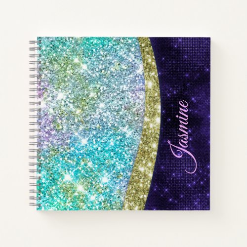 Chic iridescent purple blue faux glitter monogram  notebook