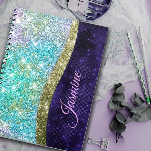 Chic iridescent purple blue faux glitter monogram notebook
