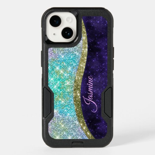 Chic iridescent purple blue faux glitter monogram OtterBox iPhone 14 case