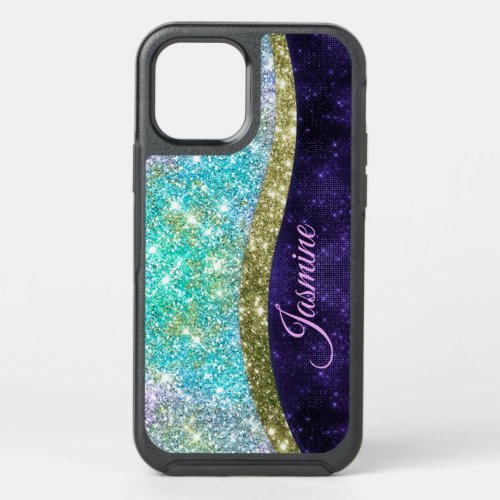 Chic iridescent purple blue faux glitter monogram OtterBox symmetry iPhone 12 pro case