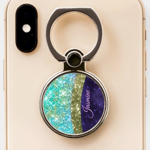 Chic iridescent purple blue faux glitter monogram phone ring stand