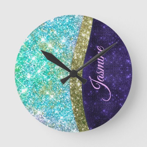 Chic iridescent purple blue faux glitter monogram round clock