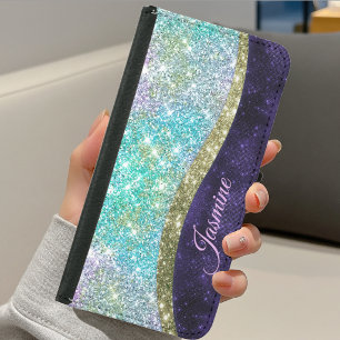 Chic iridescent purple blue faux glitter monogram samsung galaxy s5 wallet case