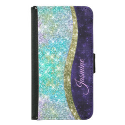 Chic iridescent purple blue faux glitter monogram samsung galaxy s5 wallet case